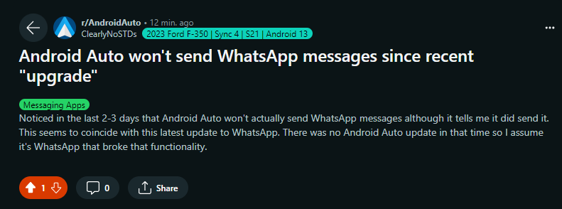 Whatsapp parou de enviar mensagem pelo Android Auto